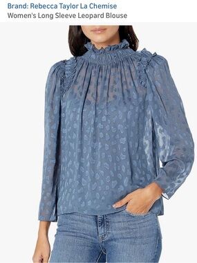 Rebecca Taylor Dusty Blue Leopard-Print Smocked-Neck Blouse with tank. Size 2.